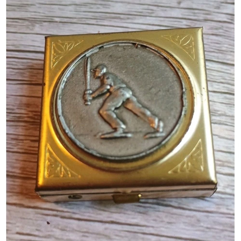 Vintage Portrait Baseball Player Batting 1.5 x 1.5 Clasp Trinket Pill Box Case